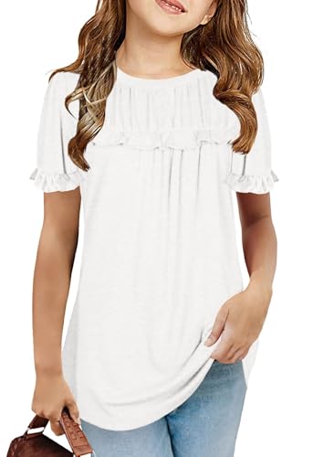 Haloumoning Mädchen T Shirts Sommer Tunika Kurzarm Rüsche Freizeitshirt Lose Tops Niedlich Kinder Weich Bluse, Weiß, 4-6 Jahre von Haloumoning