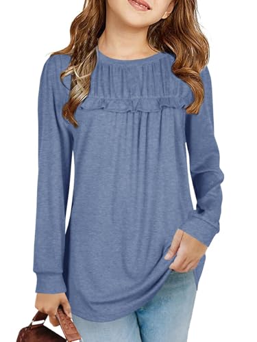 Haloumoning Mädchen T Shirts Tunika Rüschen Langarmshirts Freizeit Lose Tops Niedlich Kinder Weiche Bluse, Blau, 10-12 Jahre von Haloumoning