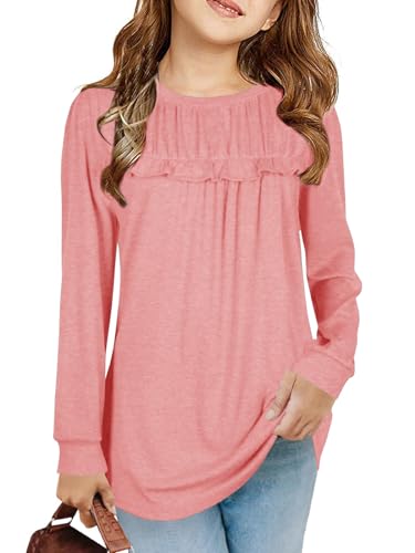 Haloumoning Mädchen T Shirts Tunika Rüschen Langarmshirts Freizeit Lose Tops Niedlich Kinder Weiche Bluse, Rosa, 10-12 Jahre von Haloumoning