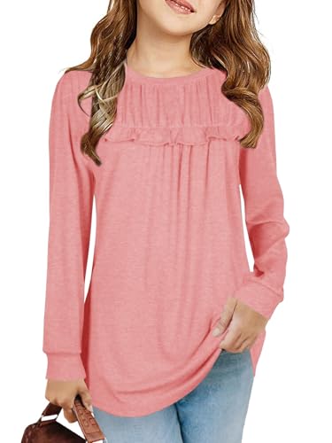 Mädchen T Shirts Tunika Rüschen Langarmshirts Freizeit Lose Tops Niedlich Kinder Weiche Bluse, Rosa, 12-14 Jahre von Haloumoning