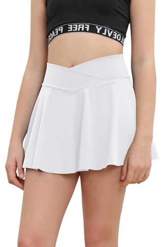 Haloumoning Mädchen Tennisrock mit Taschen Innenhose Golf Skorts Plissierte Sportrock Kinder Hohe Taile Sommerrock Minirock,Weiß,140 von Haloumoning