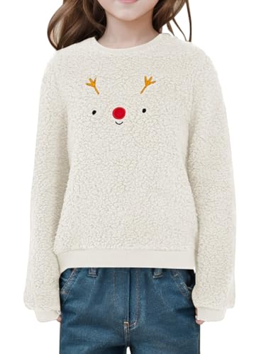 Haloumoning Mädchen Weihnachtspullover Niedlich Rentier Print Weihnachten Sweatshirts Kinder Herbst Winter Rundhalsausschnitt Kleidung Oberteile Beige, 8-10 Jahre von Haloumoning