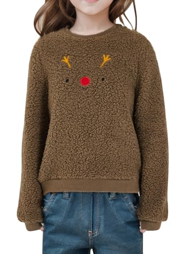 Haloumoning Mädchen Weihnachtspullover Niedlich Rentier Print Weihnachten Sweatshirts Kinder Herbst Winter Rundhalsausschnitt Kleidung Oberteile Braun, 10-12 Jahre von Haloumoning