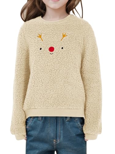 Haloumoning Mädchen Weihnachtspullover Niedlich Rentier Print Weihnachten Sweatshirts Kinder Herbst Winter Rundhalsausschnitt Kleidung Oberteile Mandel, 12-14 Jahre von Haloumoning