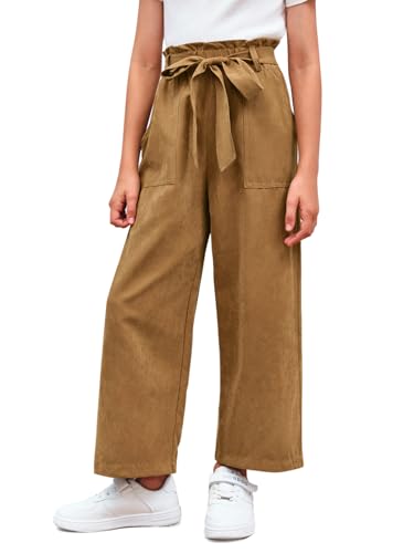 Haloumoning Mädchen Weite Hose Palazzo Hohe Taille Mode Bootcut Elastische Paperbag Freizeithose mit Gürtel, Dunkelkhaki, 8-10 Jahre von Haloumoning