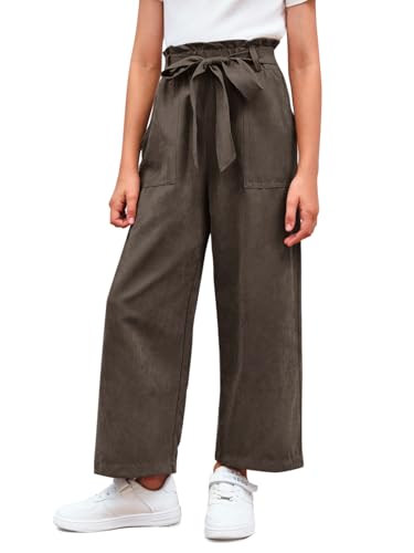 Haloumoning Mädchen Weite Hose Palazzo Hohe Taille Mode Bootcut Elastische Paperbag Freizeithose mit Gürtel, Kaffee, 10-12 Jahre von Haloumoning