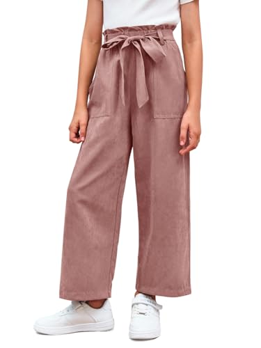 Haloumoning Mädchen Weite Hose Palazzo Hohe Taille Mode Bootcut Elastische Paperbag Freizeithose mit Gürtel, Rosa, 8-10 Jahre von Haloumoning