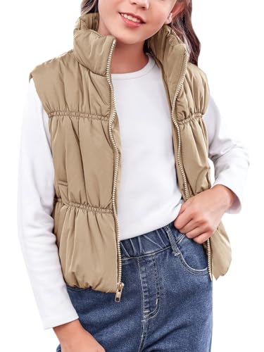 Haloumoning Mädchen Winter Weste Stehkragen Ärmellose Warme Jacke Kinder Steppweste Niedliche Oberbekleidung Leichte Weste, Khaki, 9-10 Jahre von Haloumoning