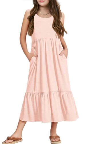 Haloumoning Mädchenkleider Sommer Ärmelloses Kleid Rundhals Tanktop Kleid Kinder Langes Freizeitkleid Sundress, Rosa, 8-10 Jahre von Haloumoning
