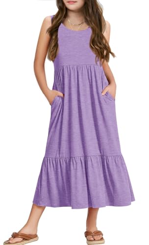 Haloumoning Mädchenkleider Sommer Ärmelloses Kleid Rundhals Tanktop Kleid Kinder Langes Freizeitkleid Sundress, Violett, 4-6 Jahre von Haloumoning