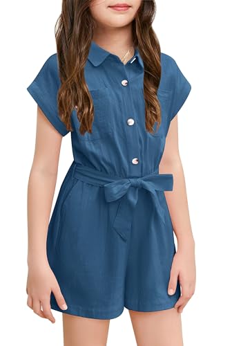 Haloumoning Niedlicher Jumpsuit für Mädchen Sommer Kinderoverall Button Down mit Gürtel Kinder kurzer Romper mit Taschen Blau, 8-10 Jahre von Haloumoning