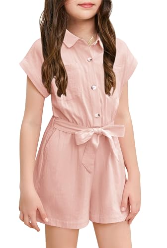 Haloumoning Niedlicher Jumpsuit für Mädchen Sommer Kinderoverall Button Down mit Gürtel Kinder kurzer Romper mit Taschen Rosa, 6-8 Jahre von Haloumoning