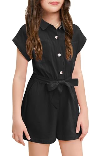 Haloumoning Niedlicher Jumpsuit für Mädchen Sommer Kinderoverall Button Down mit Gürtel Kinder kurzer Romper mit Taschen Schwarz, 4-6 Jahre von Haloumoning