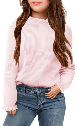 Haloumoning Pullover Mädche Langarm Strick Oberteile Rundhalsausschnitt Rüschenärmel Strickpullover Kinder Winter Knitted Sweater Rosa, 12-14 Jahre von Haloumoning