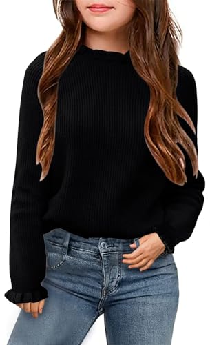 Haloumoning Pullover Mädche Langarm Strick Oberteile Rundhalsausschnitt Rüschenärmel Strickpullover Kinder Winter Knitted Sweater Schwarz, 4-6 Jahre von Haloumoning
