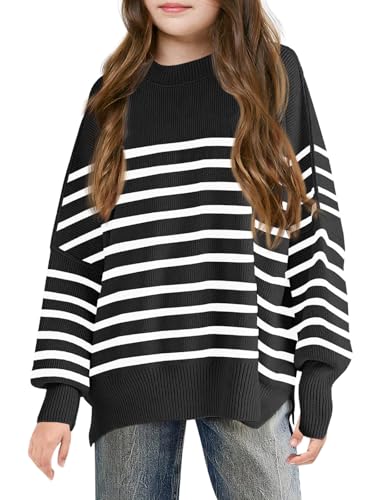 Haloumoning Pullover Mädchen Kinder Rundhals Oversized Strickpullover Herbst Winter Gestreifte Fledermausärmel Strickpulli, Schwarz, 13-14 Jahre von Haloumoning