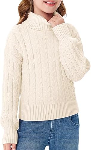Haloumoning Pullover Mädchen Rollkragen Langarm Strickpullover Lose Casual Oberteile Kinder Herbst Winter Sweater Beige, 6-8 Jahre von Haloumoning
