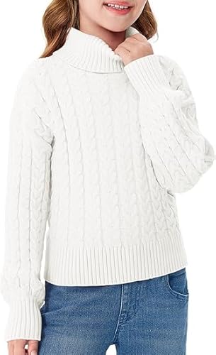 Haloumoning Pullover Mädchen Rollkragen Langarm Strickpullover Lose Casual Oberteile Kinder Herbst Winter Sweater Weiß, 6-8 Jahre von Haloumoning
