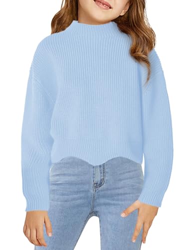 Haloumoning Pullover Mädchen Rundhals Langarm Strickpullover Lose Casual Kinder Einfarbige Herbst Winter Sweater,Hellblau,5-6Jahre von Haloumoning