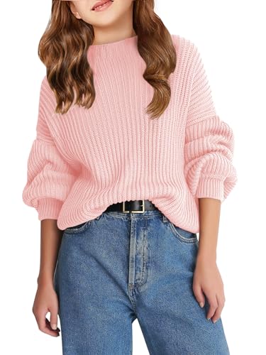 Haloumoning Pullover Mädchen Rundhalsausschnitt Langarm Strickpullover Einfarbig Lose Oberteile Kinder Herbst Winter Langarm Sweater Rosa, 4-6 Jahre von Haloumoning