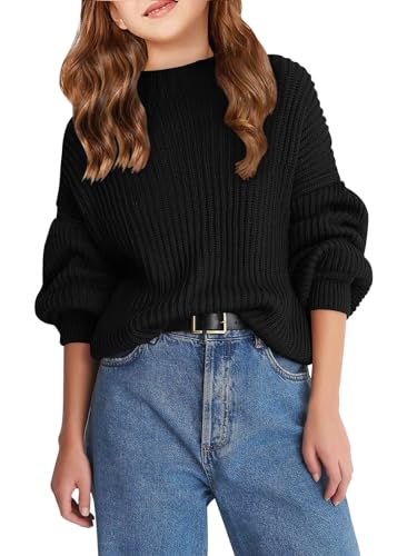 Haloumoning Pullover Mädchen Rundhalsausschnitt Langarm Strickpullover Einfarbig Lose Oberteile Kinder Herbst Winter Langarm Sweater Schwarz, 8-10 Jahre von Haloumoning