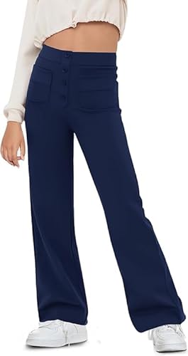 Haloumoning Schlaghose Mädchen Flared Yoga Leggings Bootcut Knopf Hohe Taille Sporthosen mit Taschen, Dunkelblau, 6-8 Jahre von Haloumoning