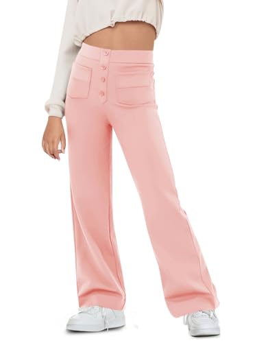 Haloumoning Schlaghose Mädchen Flared Yoga Leggings Bootcut Knopf Hohe Taille Sporthosen mit Taschen, Rosa, 6-8 Jahre von Haloumoning