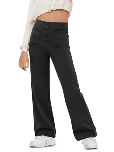 Haloumoning Schlaghose Mädchen Flared Yoga Leggings Bootcut Knopf Hohe Taille Sporthosen mit Taschen, Schwarz, 10-12 Jahre von Haloumoning