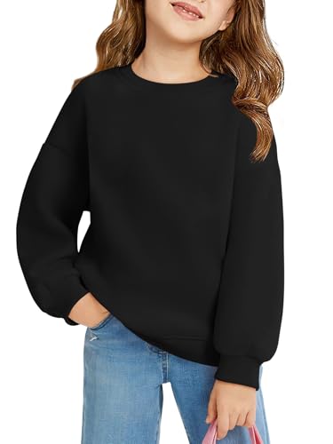 Haloumoning Sweatshirt Mädchen Rundhals Oversized Pullover Kinder Leichtgewicht Sport Langarmshirt Einfarbig Basic Langarm Tops 5-14 Jahre, Schwarz, 7-8 Jahre von Haloumoning