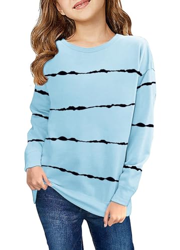 Haloumoning Sweatshirt Mädchen Streifen Rundhalsausschnitt Kinder Pullover Casual Langarm Tops Himmelblau 10-12 Jahre von Haloumoning