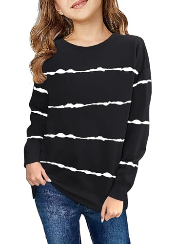 Haloumoning Sweatshirt Mädchen Streifen Rundhalsausschnitt Kinder Pullover Casual Langarm Tops Schwarz 6-7Jahre von Haloumoning