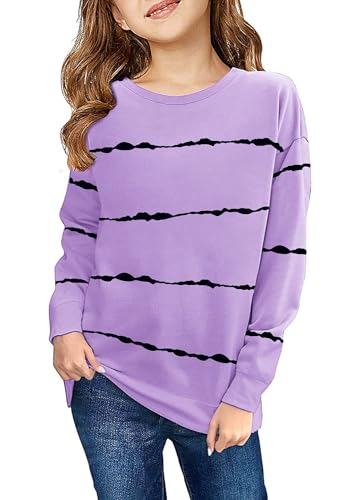 Haloumoning Sweatshirt Mädchen Streifen Rundhalsausschnitt Kinder Pullover Casual Langarm Tops Violett 160 von Haloumoning