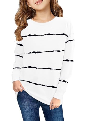 Haloumoning Sweatshirt Mädchen Streifen Rundhalsausschnitt Kinder Pullover Casual Langarm Tops Weiß 12-14 Jahre von Haloumoning