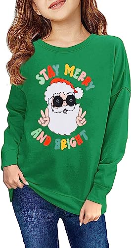 Haloumoning Sweatshirt Mädchen Weihnachtspullover Lustig Rundhals Pullover Winter Oberteile für Kinder, Grün-Weihnachtsmann, 13-14 Jahre von Haloumoning