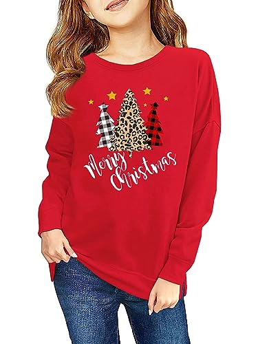 Haloumoning Sweatshirt Mädchen Weihnachtspullover Lustig Rundhals Pullover Winter Oberteile für Kinder, Rot-Baum, 10-12 Jahre von Haloumoning