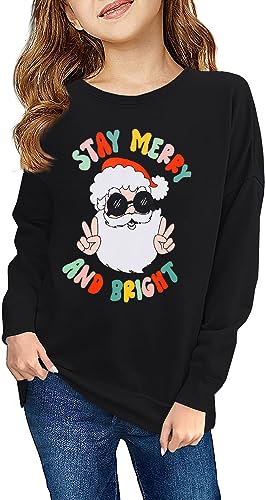 Haloumoning Sweatshirt Mädchen Weihnachtspullover Lustig Rundhals Pullover Winter Oberteile für Kinder, Schwarz-Weihnachtsmann, 9-10 Jahre von Haloumoning