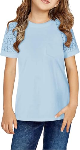 Haloumoning T-Shirt Mädchen Kurzarm Spitze Shirts Sommer Freizeit Shirts Kinder Baumwolle Rundhals Einfarbig Tops,Himmelblau,10-12 Jahre von Haloumoning