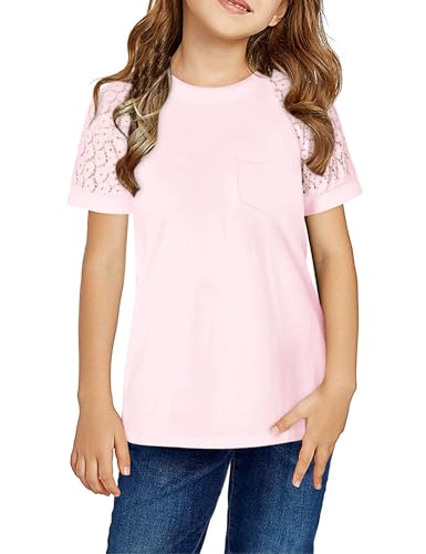 Haloumoning T-Shirt Mädchen Kurzarm Spitze Shirts Sommer Freizeit Shirts Kinder Baumwolle Rundhals Einfarbig Tops,Rosa,6-8Jahre von Haloumoning