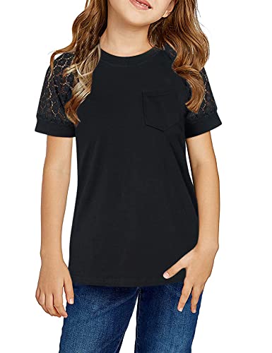 Haloumoning T-Shirt Mädchen Kurzarm Spitze Shirts Sommer Freizeit Shirts Kinder Baumwolle Rundhals Einfarbig Tops,Schwarz,4-6Jahre von Haloumoning
