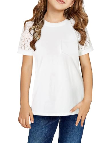 Haloumoning T-Shirt Mädchen Kurzarm Spitze Shirts Sommer Freizeit Shirts Kinder Baumwolle Rundhals Einfarbig Tops,Weiß,12-14 Jahre von Haloumoning