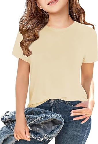 Haloumoning T-Shirt Mädchen Sommer Kurzarm Tops Kinder Tshirts Einfarbige Casual Sport Rundhalsausschnitt Tees Oberteile Beige 140 von Haloumoning