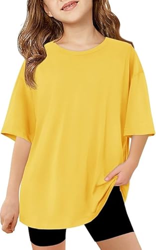 Haloumoning T-Shirts Mädchen Rundhals Kurzarm Einfarbige Casual Sport Tops Kinder Sommer Oversized Shirts Lässige Basic Oberteile.Gelb.140 von Haloumoning