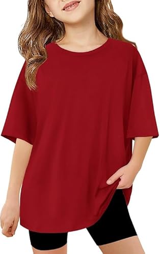 Haloumoning T-Shirts Mädchen Rundhals Kurzarm Einfarbige Casual Sport Tops Kinder Sommer Oversized Shirts Lässige Basic Oberteile.Rot.150 von Haloumoning