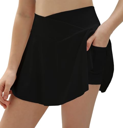 Haloumoning Tennisrock Mädchen Rock mit Hose Drunter Crossover High Waist Golf Skorts Sportrock für Kinder Sommer A-Linie Kurz Hosenrock Breezeful Falten Röcke Schwarz 8-9 Jahre von Haloumoning