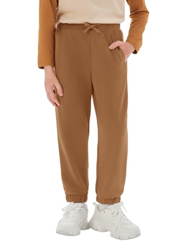 Haloumoning Trainingshose Jungen Regular Fit Kinder Leichte Jogginghose Einfarbig Sporthose Casual Freizeit Hosen mit Elastischem Bund und Taschen, Braun,13-14 Jahre von Haloumoning