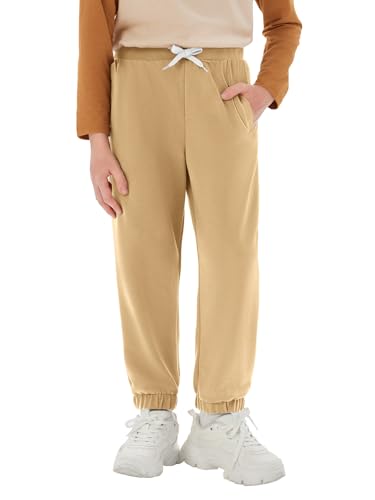 Haloumoning Trainingshose Jungen Regular Fit Kinder Leichte Jogginghose Einfarbig Sporthose Casual Freizeit Hosen mit Elastischem Bund und Taschen, Khaki,7-8 Jahre von Haloumoning