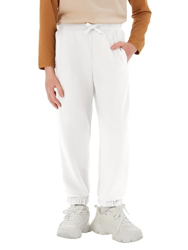 Haloumoning Trainingshose Jungen Regular Fit Kinder Leichte Jogginghose Einfarbig Sporthose Casual Freizeit Hosen mit Elastischem Bund und Taschen, Weiß,11-12 Jahre von Haloumoning