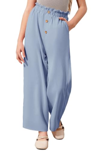 Haloumoning Weite Hose Mädchen Hohe Taille Elastische Paperbag Freizeithose Kinder Einfarbige Lange Hose mit Taschen Blau, 7-8 Jahre von Haloumoning