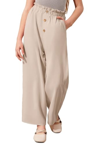 Haloumoning Weite Hose Mädchen Hohe Taille Elastische Paperbag Freizeithose Kinder Einfarbige Lange Hose mit Taschen Hellbraun, 13-14 Jahre von Haloumoning
