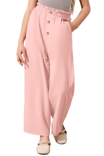 Haloumoning Weite Hose Mädchen Hohe Taille Elastische Paperbag Freizeithose Kinder Einfarbige Lange Hose mit Taschen Rosa, 9-10 Jahre von Haloumoning